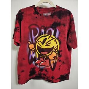 Pac-Man Men’s Short Sleeve T-Shirt Size L Red / Black Tie-Dye Graffiti Logo